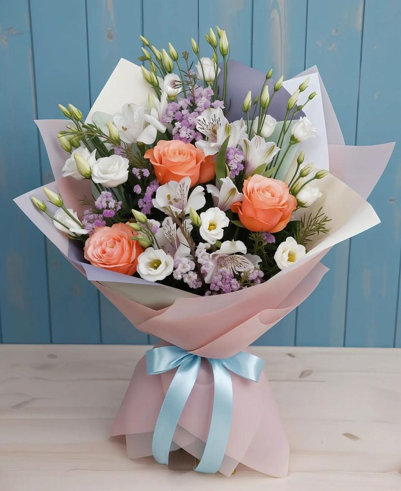 Букет цветов из: Лизиантусы, Розы, Альстромерии и Гипсофила в Увельском