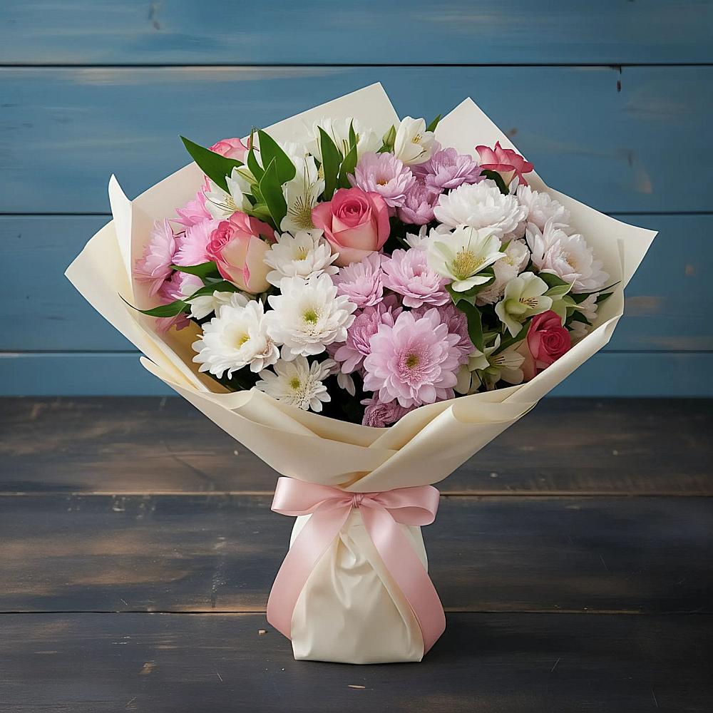 Букет цветов из: Хризантемы, Альстромерии и Розы в Увельском